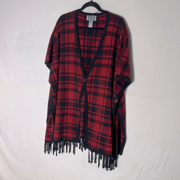 Guillaume Red Black Plaid Poncho With Fringe M/L - Picture 1 of 10